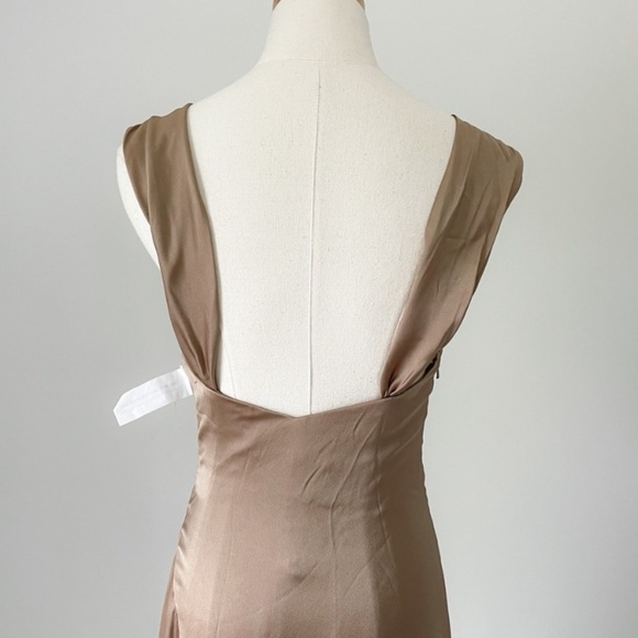 NWOT FAME AND PARTNERS Zephyra Matte Satin Asymmetrical Maxi Dress in Dark Tan - Picture 10 of 14